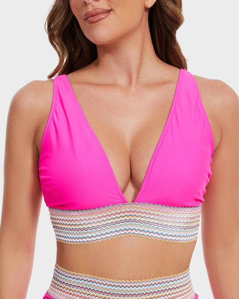 Women's High Waisted Bikini – Striped Halter Neck, Tummy Control Holiday Outfit