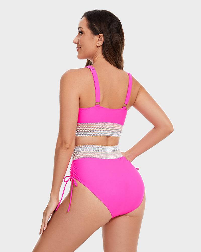 Women's High Waisted Bikini – Striped Halter Neck, Tummy Control Holiday Outfit