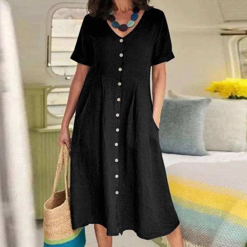 Short-Sleeve Button-Front Midi Dress - Casual Cotton Style