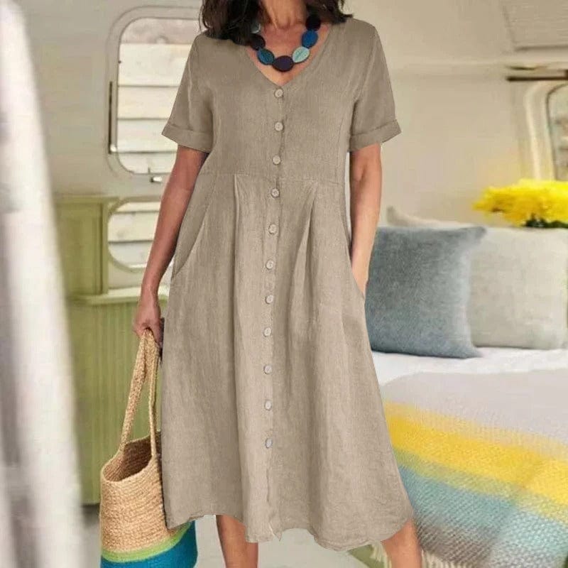 Short-Sleeve Button-Front Midi Dress - Casual Cotton Style