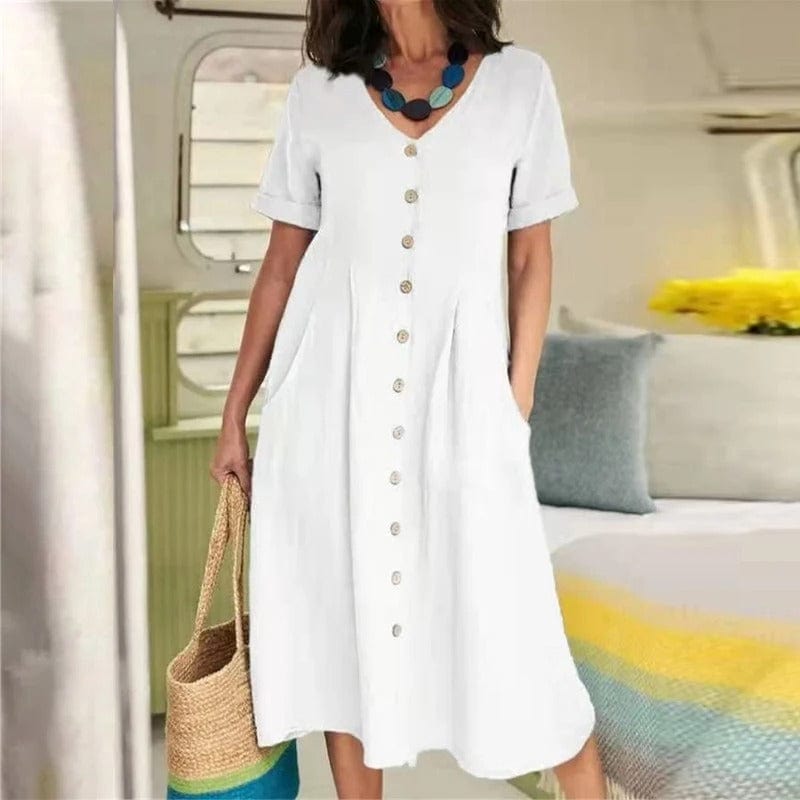 Short-Sleeve Button-Front Midi Dress - Casual Cotton Style