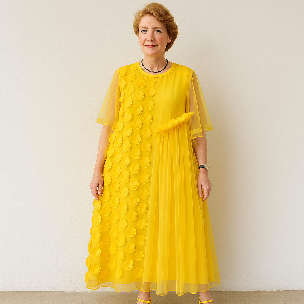 Elegant Tulle Maxi Dress with Playful 3D Dots and Dazzling Sheer Sleeves