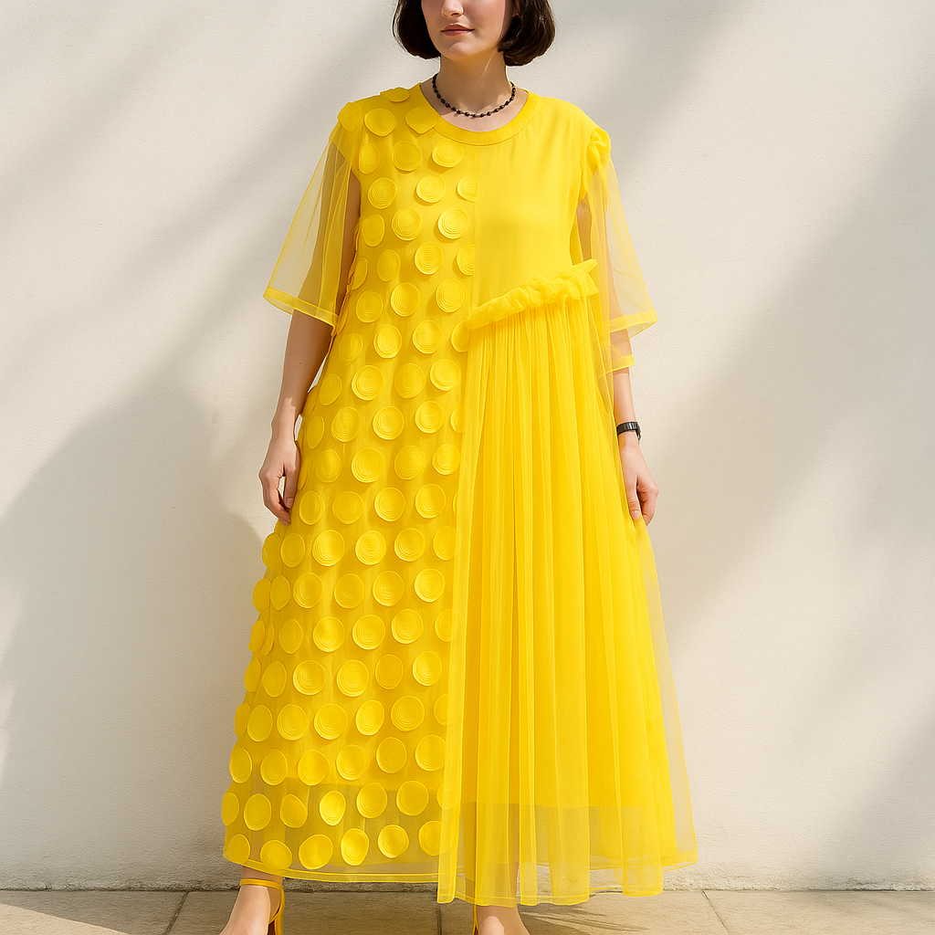 Elegant Tulle Maxi Dress with Playful 3D Dots and Dazzling Sheer Sleeves