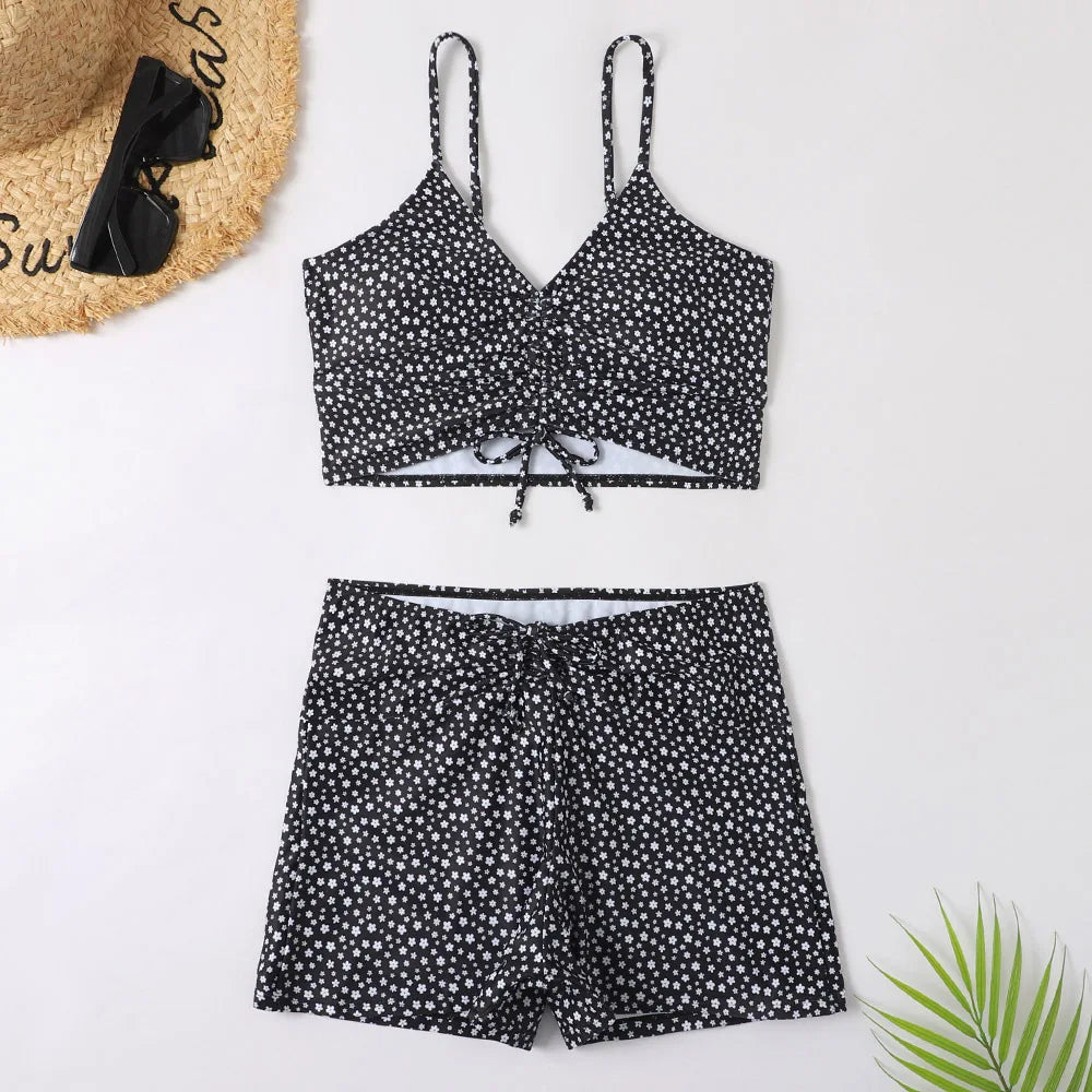Women's High-Waist Bikini Set – Ruched with Shorts, Padded & Wire-Free Holiday