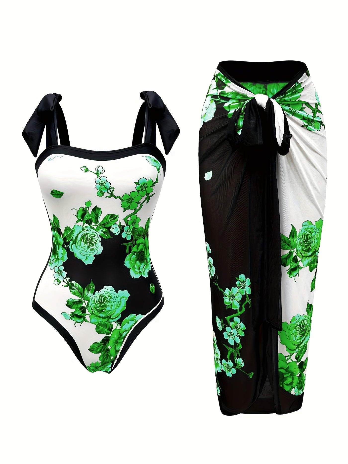 Floral One-Piece Swimsuit & Wrap Skirt Set – Elegant Beachwear
