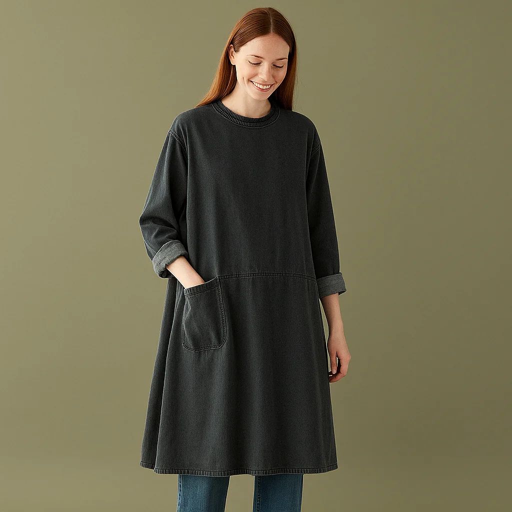 Black Grey Denim Long Sleeve Dress with Pockets – Casual Boho Style