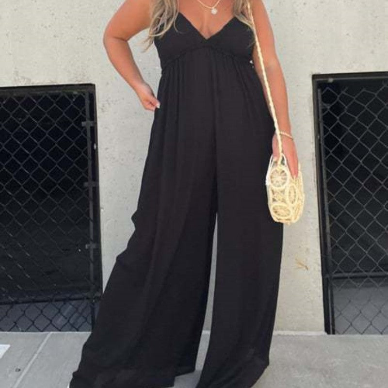 Wide-Leg V-Neck Sleeveless Jumpsuit – Flowy Summer Romper with Pockets
