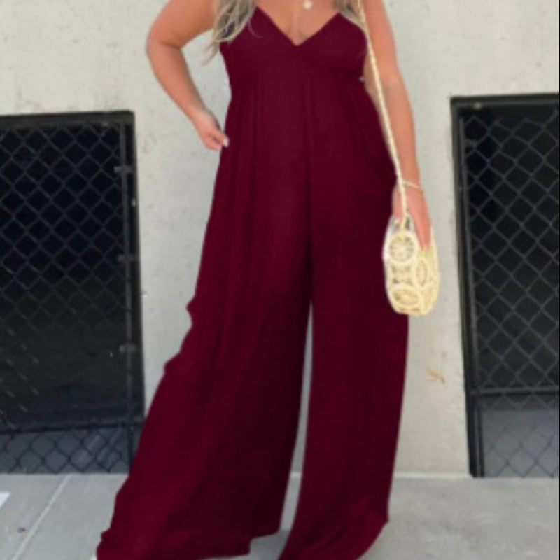 Wide-Leg V-Neck Sleeveless Jumpsuit – Flowy Summer Romper with Pockets