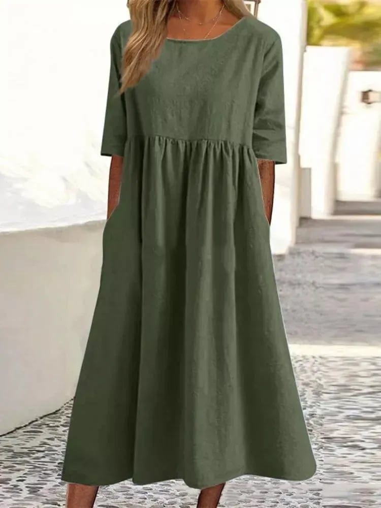 Casual Cotton Midi Dress with Short Sleeves – Relaxed Fit