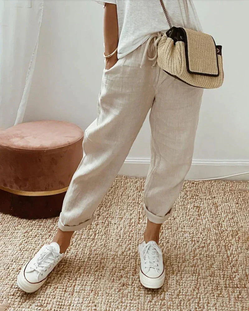 Women's Linen Trousers – Drawstring Waist, Cropped Relaxed Fit Casual Holiday Wear