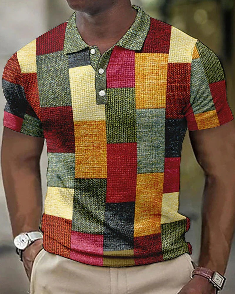 Men's Polo Shirt – Geometric Patchwork Print, Slim Fit for Smart Casual Wear