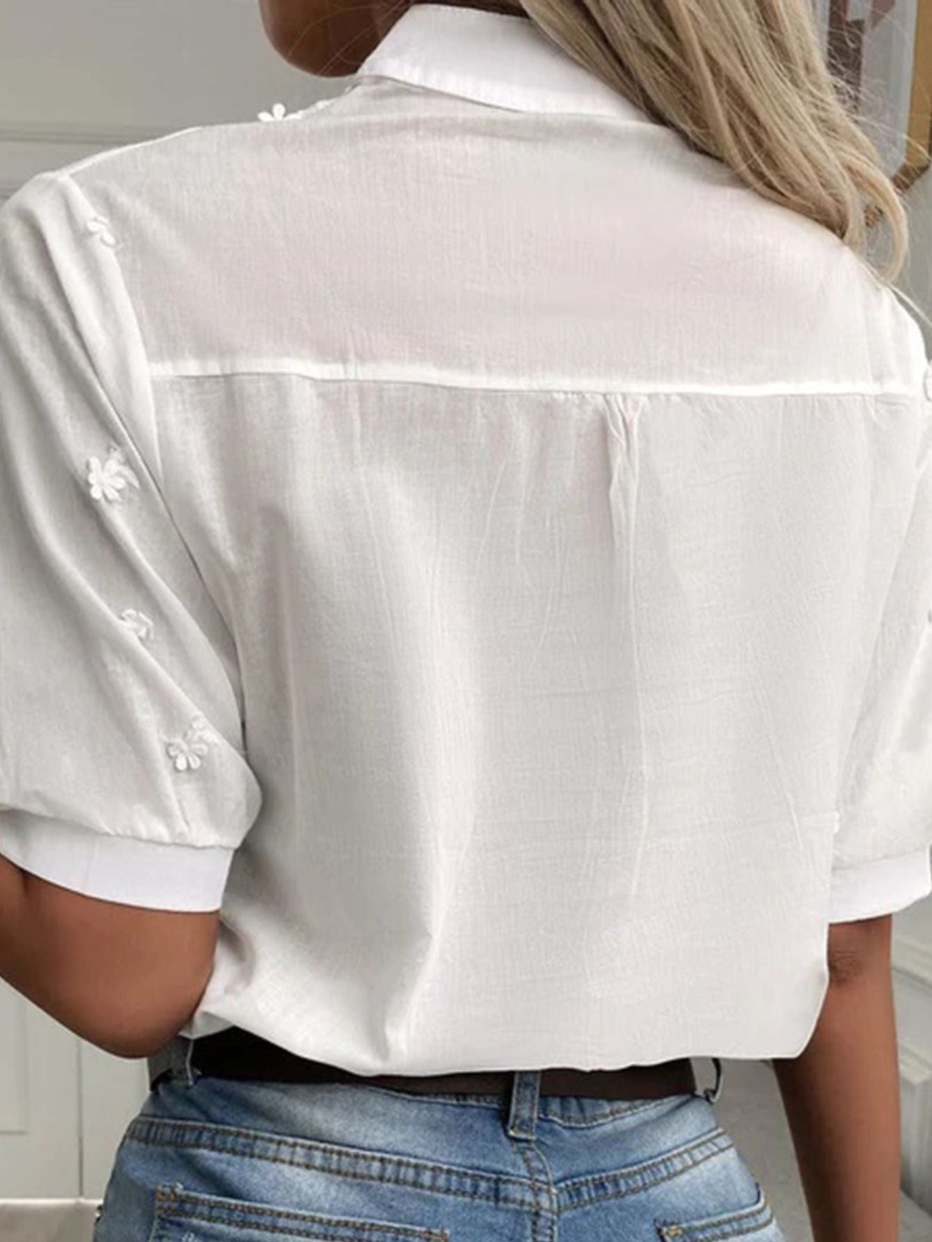 Embroidered-Cotton Button-Up Blouse - Short Sleeve Collared Shirt