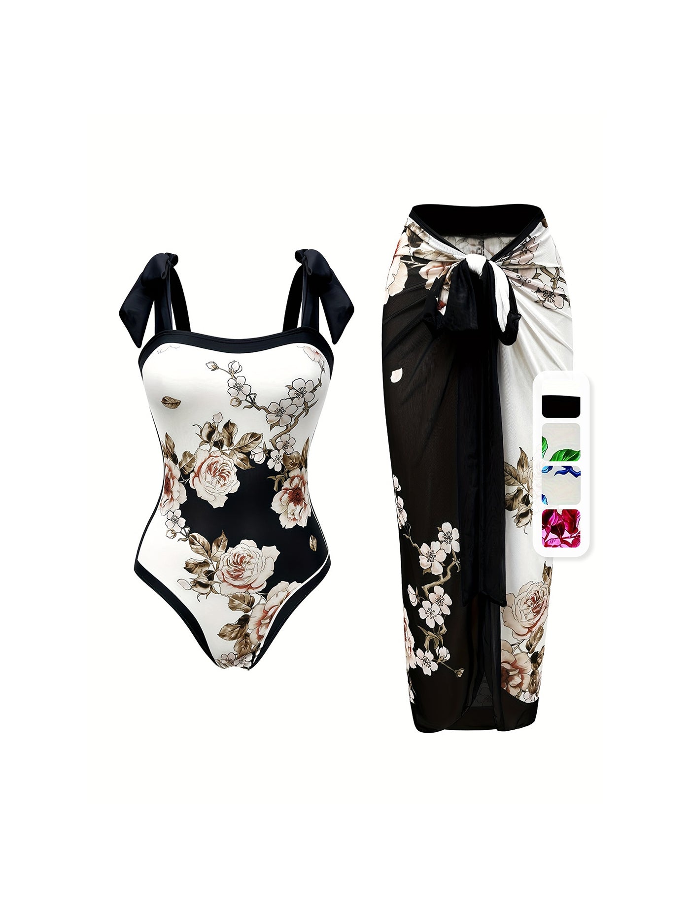 Floral One-Piece Swimsuit & Wrap Skirt Set – Elegant Beachwear
