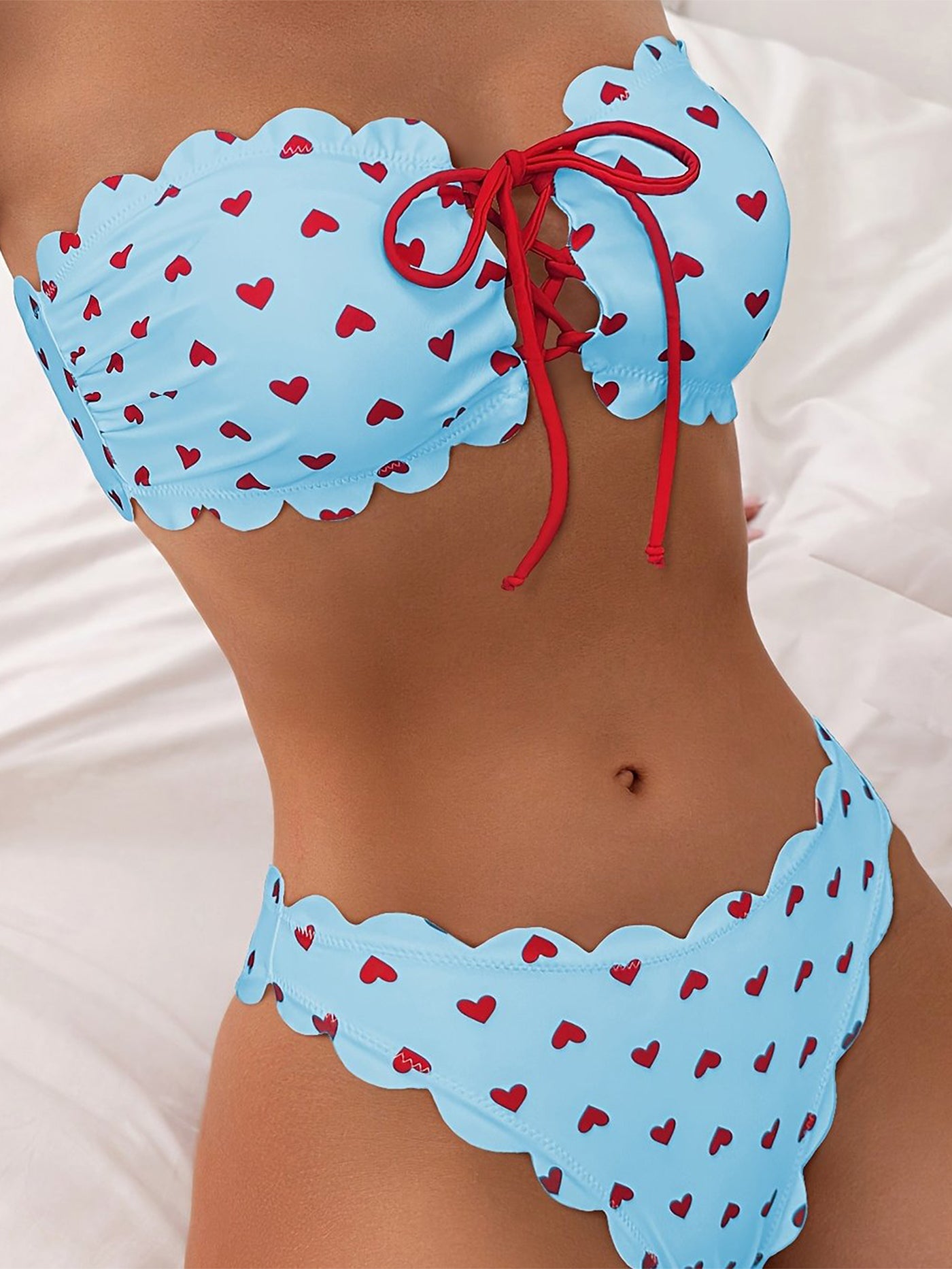 Heart Print Scalloped Bikini Set – Sweet Retro High-Waist Swimwear