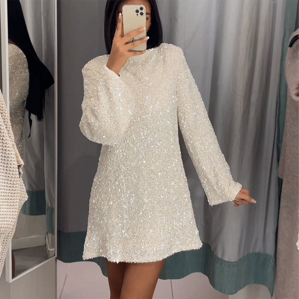 Sequin Long Sleeve Mini Dress – Sparkly Party Look With Bow Detail
