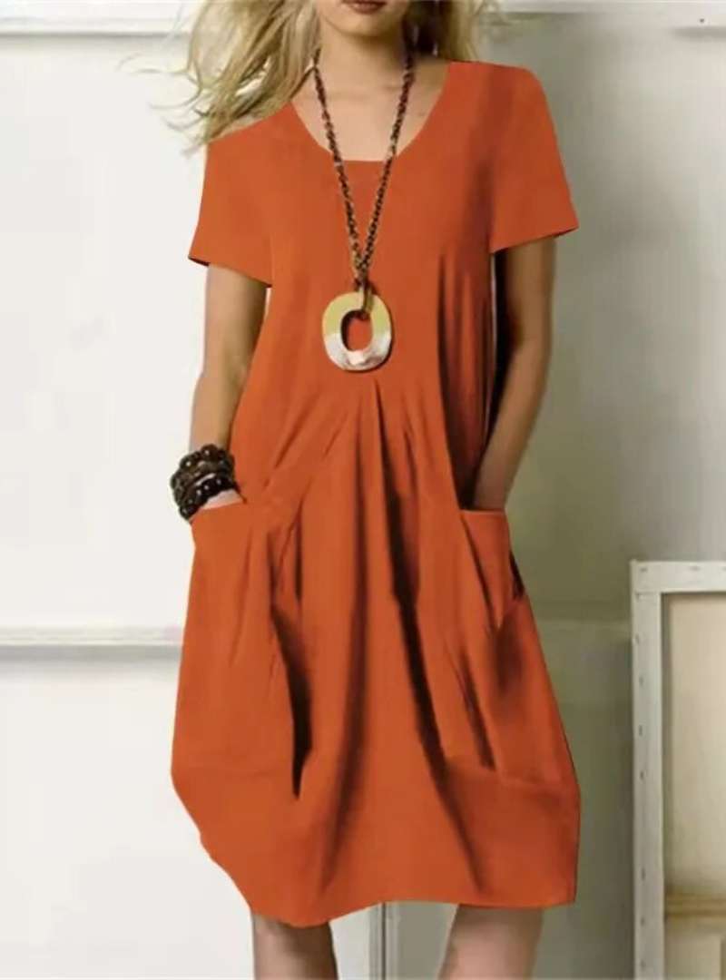 Casual Short Sleeve Cotton Dress – Loose Fit with Pockets