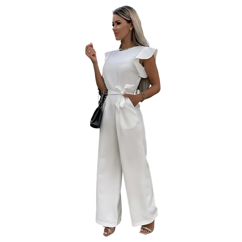 Elegant Belted Wide-Leg Jumpsuit – One-Shoulder Ruffle Sleeve Style