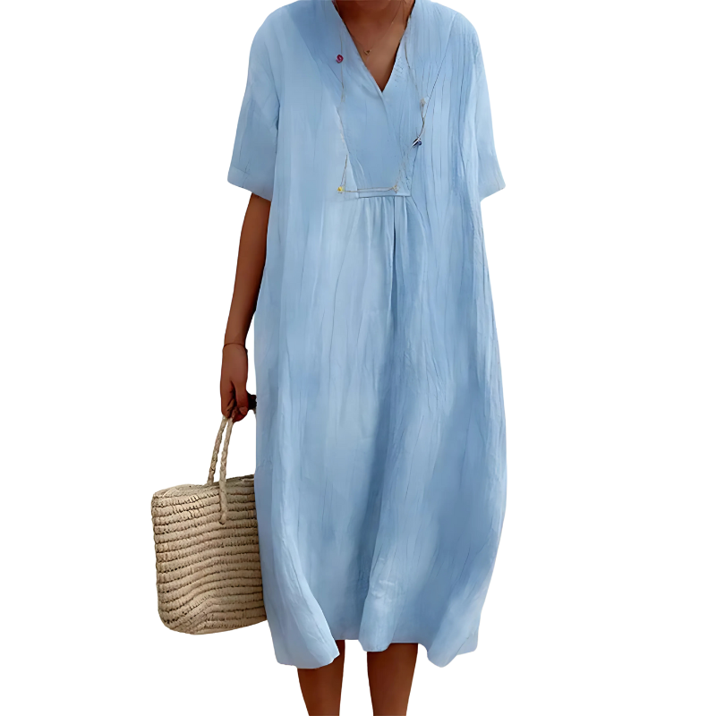 Linen V-Neck Midi Dress – Relaxed Fit with Pockets for Everyday Comfort
