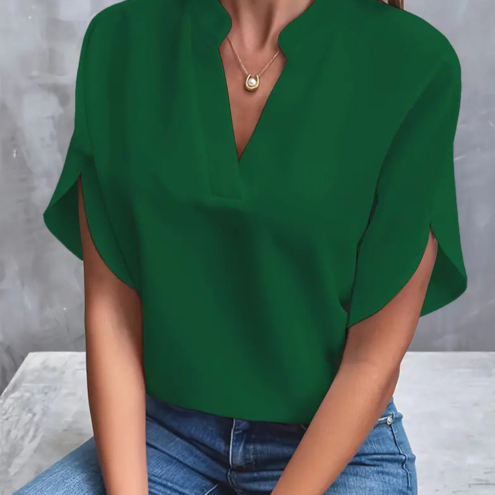 Short-Sleeve V-Neck Blouse - Relaxed Fit Lightweight Top