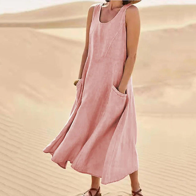 Sleeveless Relaxed Linen Blend Maxi Dress with Pockets – Casual Summer Comfort