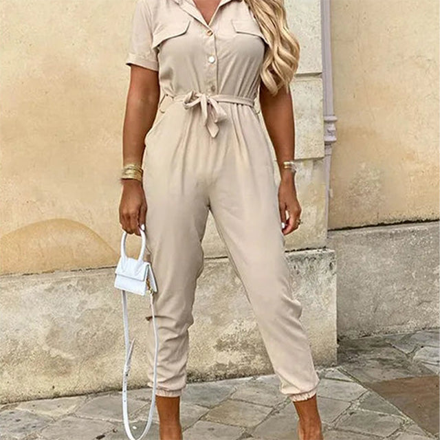 Casual Button-Up Utility Jumpsuit – Short Sleeve One-Piece with Drawstring Waist