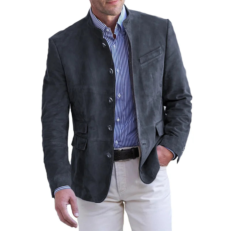 Men's Suede Blazer – Mandarin Collar, Slim Fit Smart Casual Jacket