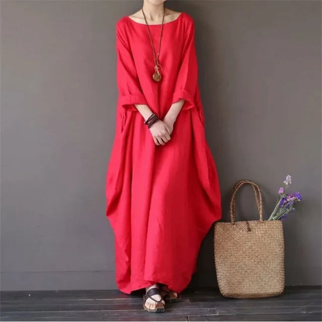 Oversized Boho Maxi Kaftan Dress – Cotton Tunic with Side Pockets