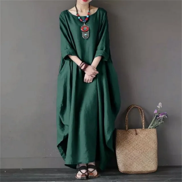 Oversized Boho Maxi Kaftan Dress – Cotton Tunic with Side Pockets