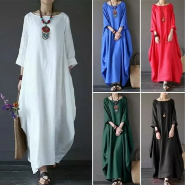 Oversized Boho Maxi Kaftan Dress – Cotton Tunic with Side Pockets