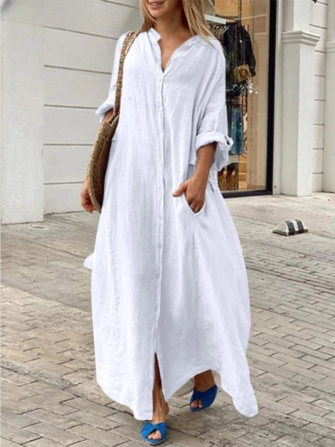 Button-Down Maxi Shirt Dress with Roll-Up Sleeves – Casual Relaxed Fit