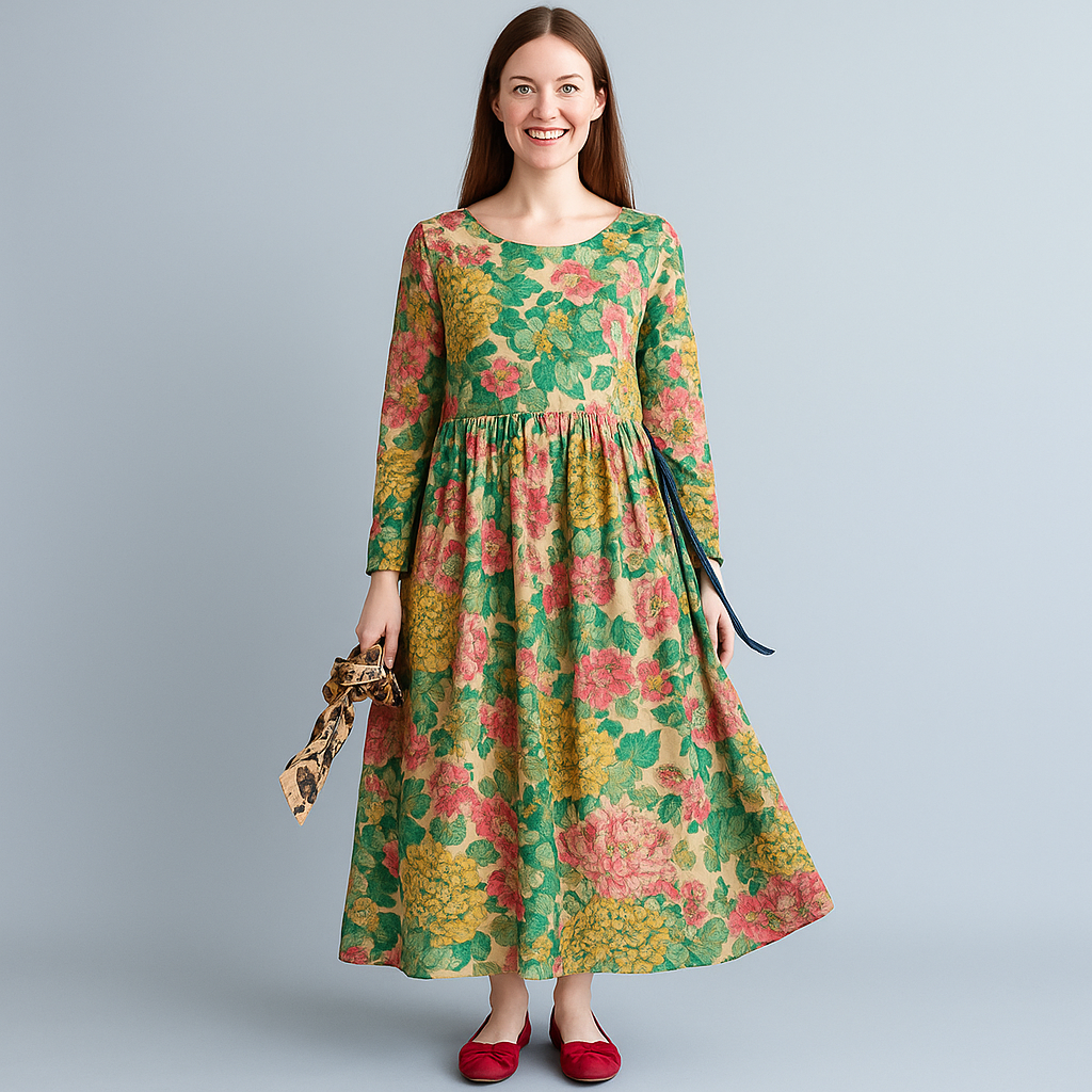 Vintage Floral Long Sleeve Maxi Dress – Boho Linen Style