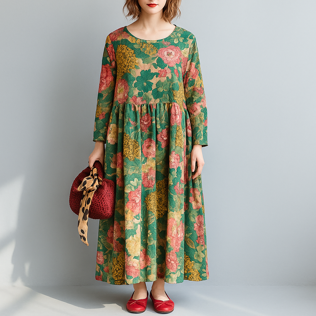 Vintage Floral Long Sleeve Maxi Dress – Boho Linen Style