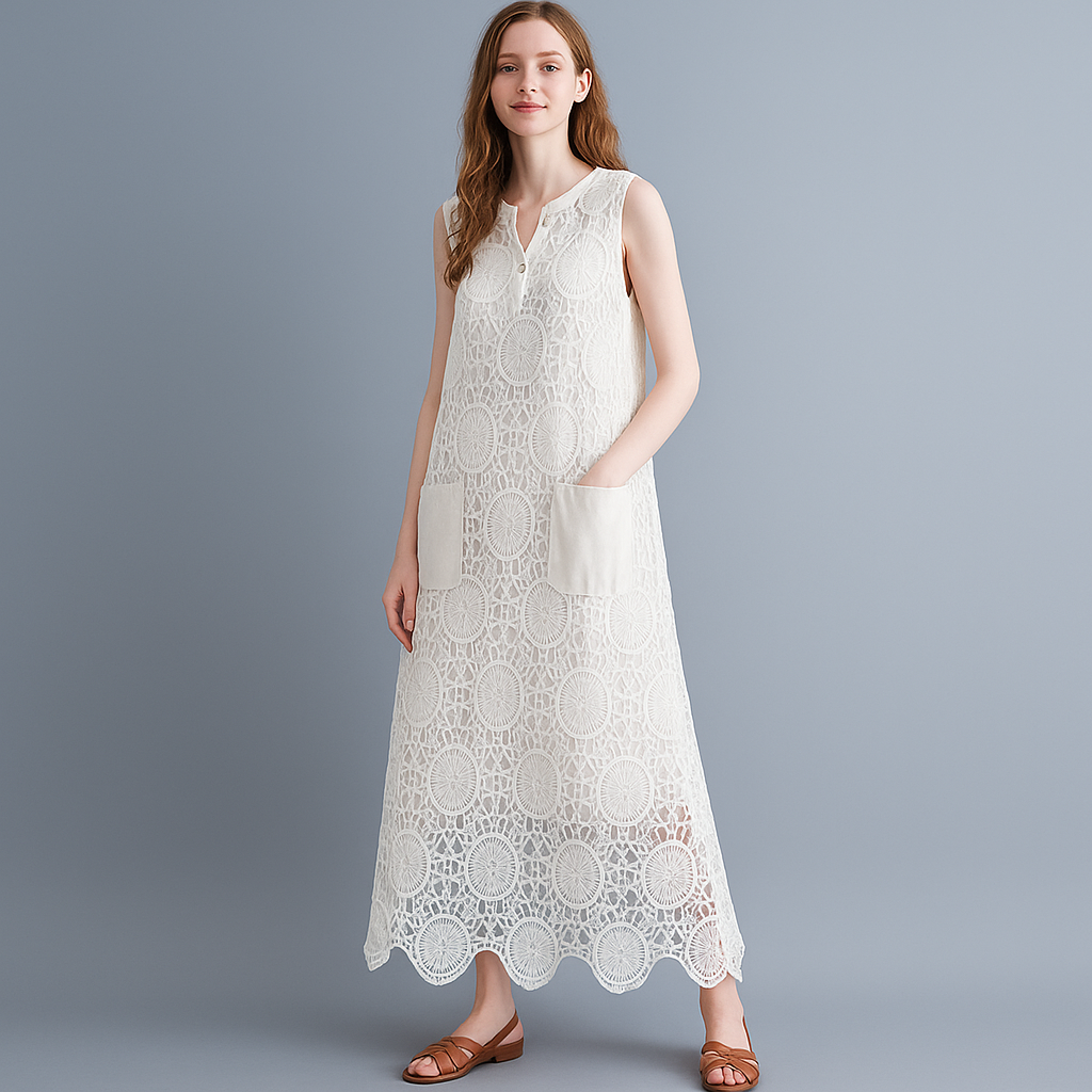Boho Lace Crochet Midi Dress – Sleeveless with Pockets