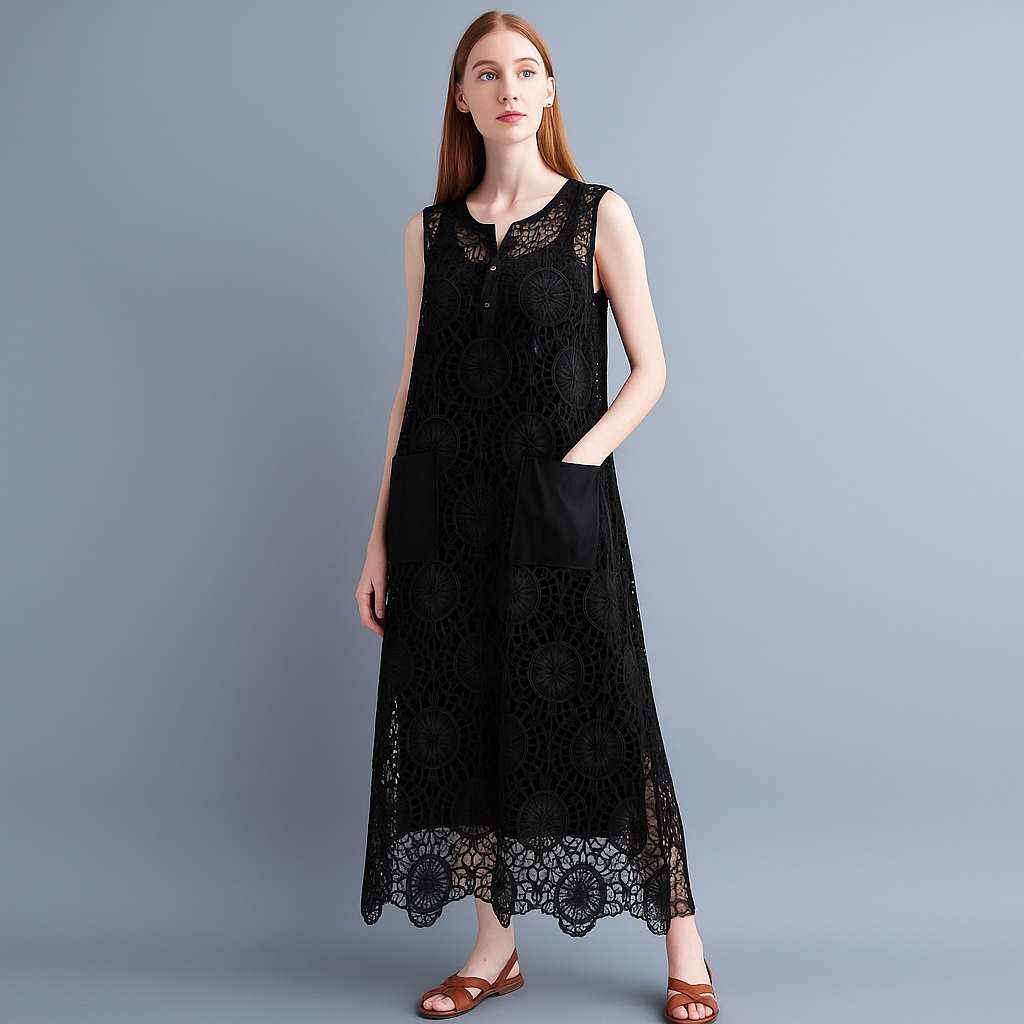 Boho Lace Crochet Midi Dress – Sleeveless with Pockets
