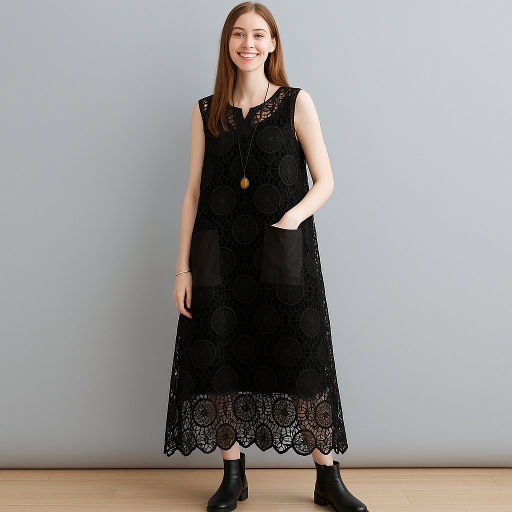Boho Lace Crochet Midi Dress – Sleeveless with Pockets