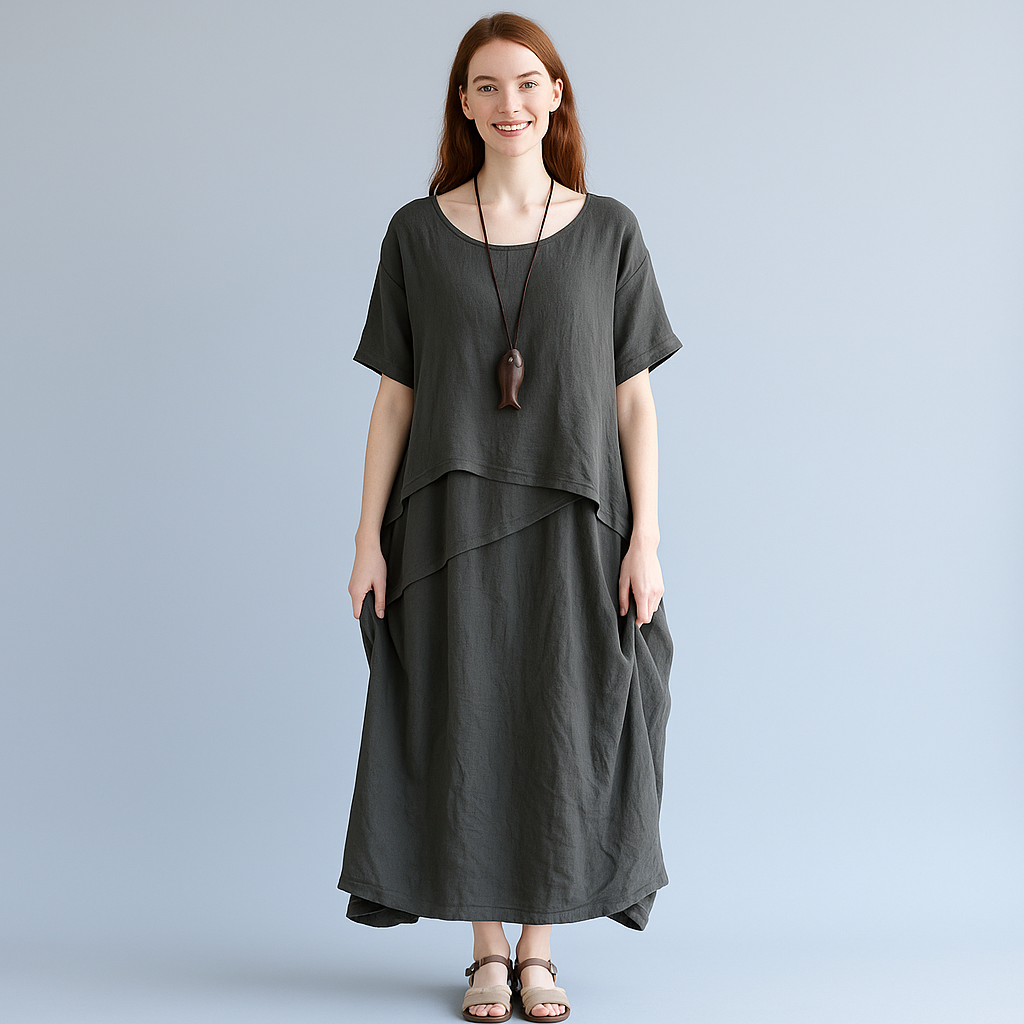 Oversized Layered Cotton Linen Maxi Dress – Short Sleeve Vintage Look