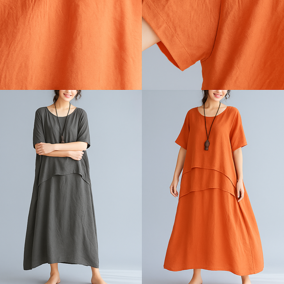 Oversized Layered Cotton Linen Maxi Dress – Short Sleeve Vintage Look