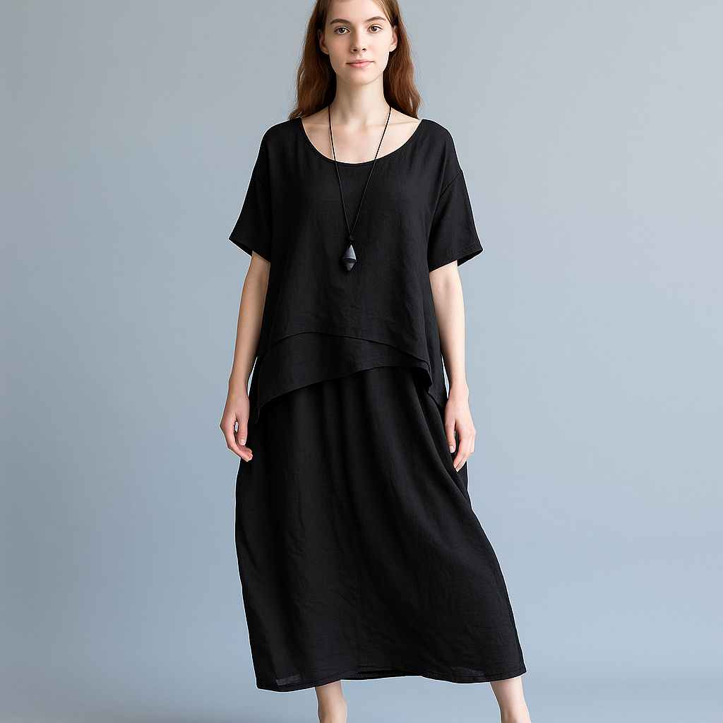 Oversized Layered Cotton Linen Maxi Dress – Short Sleeve Vintage Look