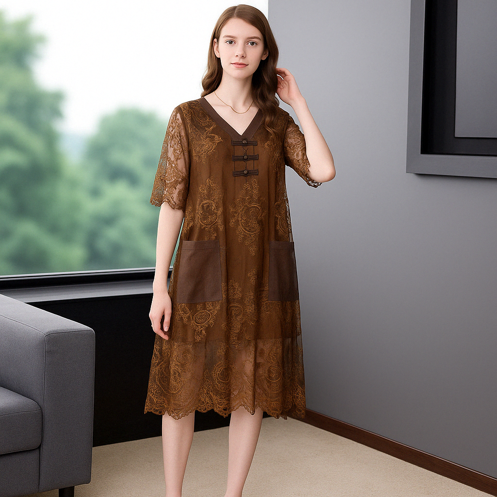 Embroidered Sheer V-Neck Midi Dress – Elegant Overlay for Special Occasions