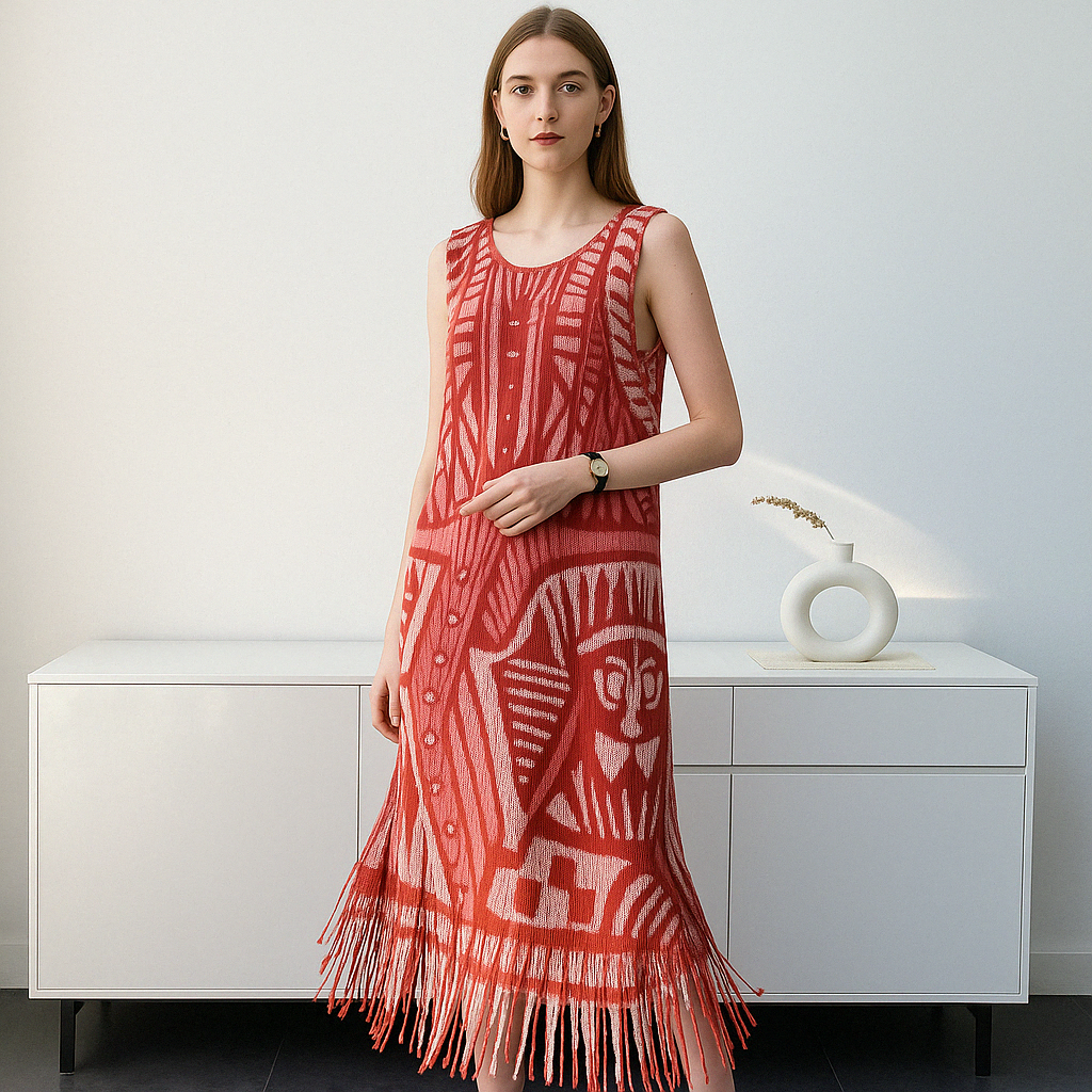 Geometric Fringe Sleeveless Midi Dress – Modern Boho Chic Style