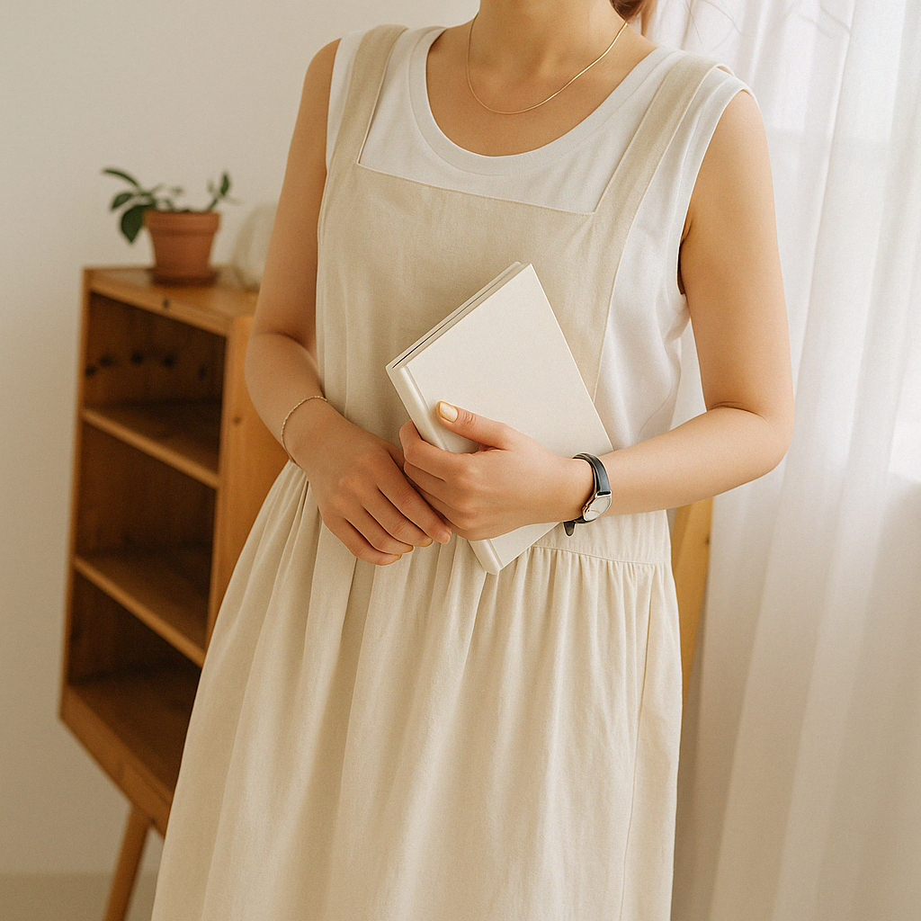 Linen Apron Pinafore Dress with Square Neck and Side Pockets