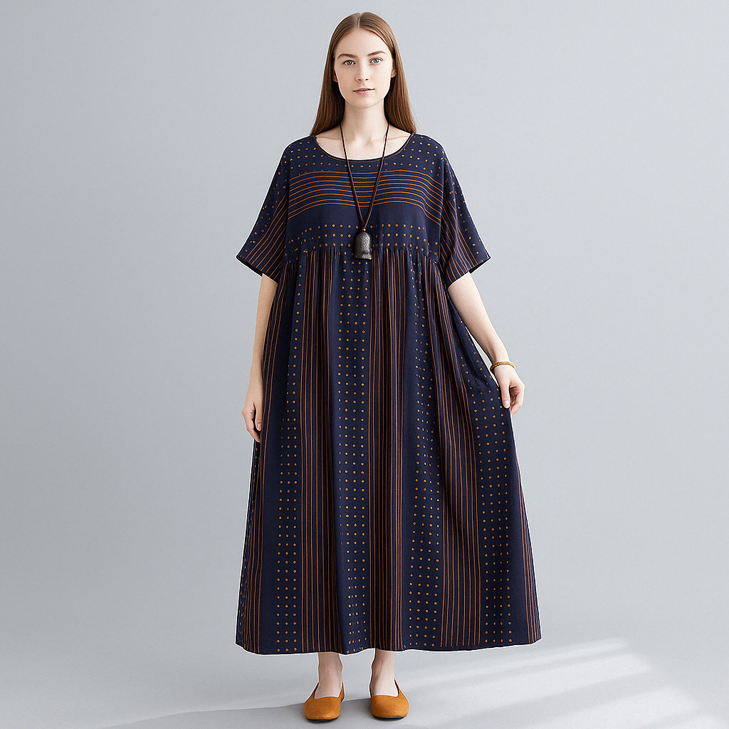Navy Striped Cotton Maxi Dress with O-Neck & Relaxed Fit