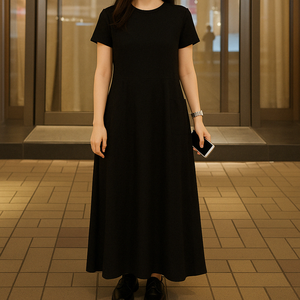 Bohemian Cotton Maxi Dress – Black O-Neck Tunic with Pockets