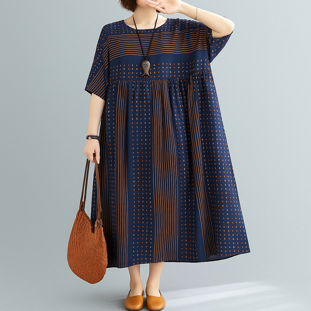 Navy Striped Cotton Maxi Dress with O-Neck & Relaxed Fit