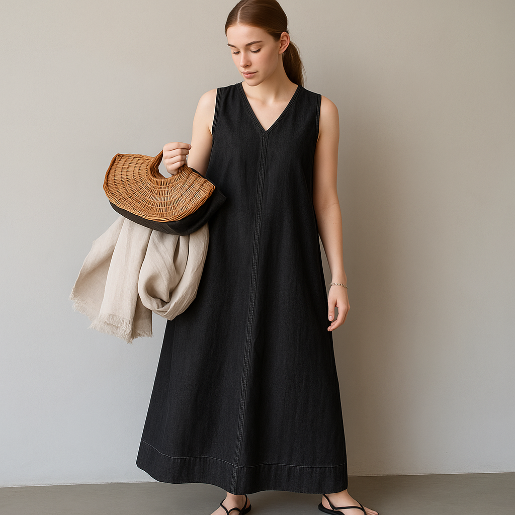 Bohemian V-Neck Sleeveless Denim Maxi Dress