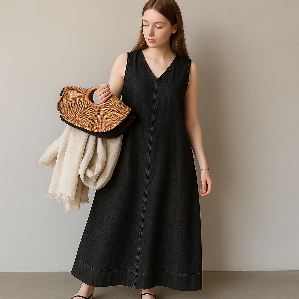 Bohemian V-Neck Sleeveless Denim Maxi Dress