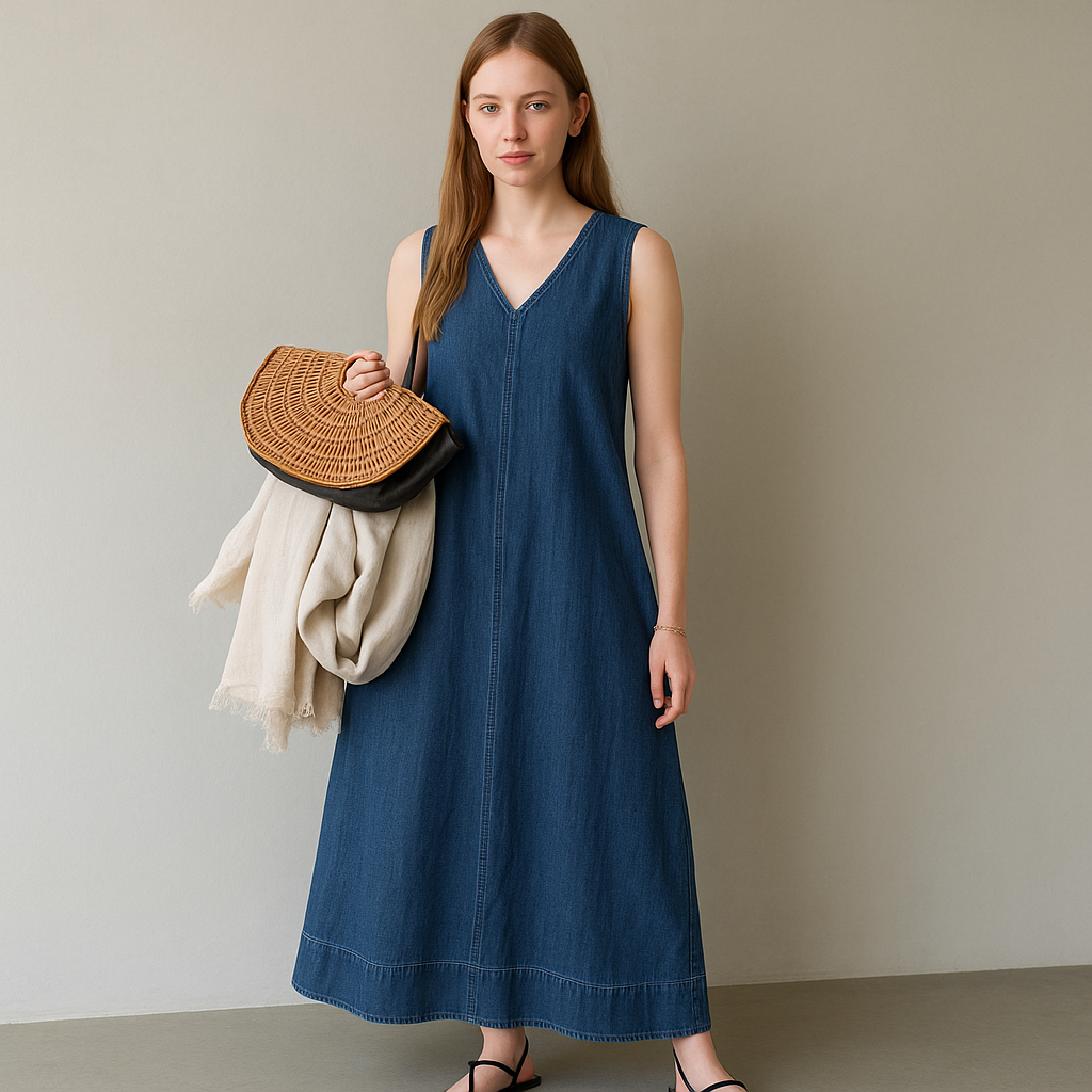 Bohemian V-Neck Sleeveless Denim Maxi Dress