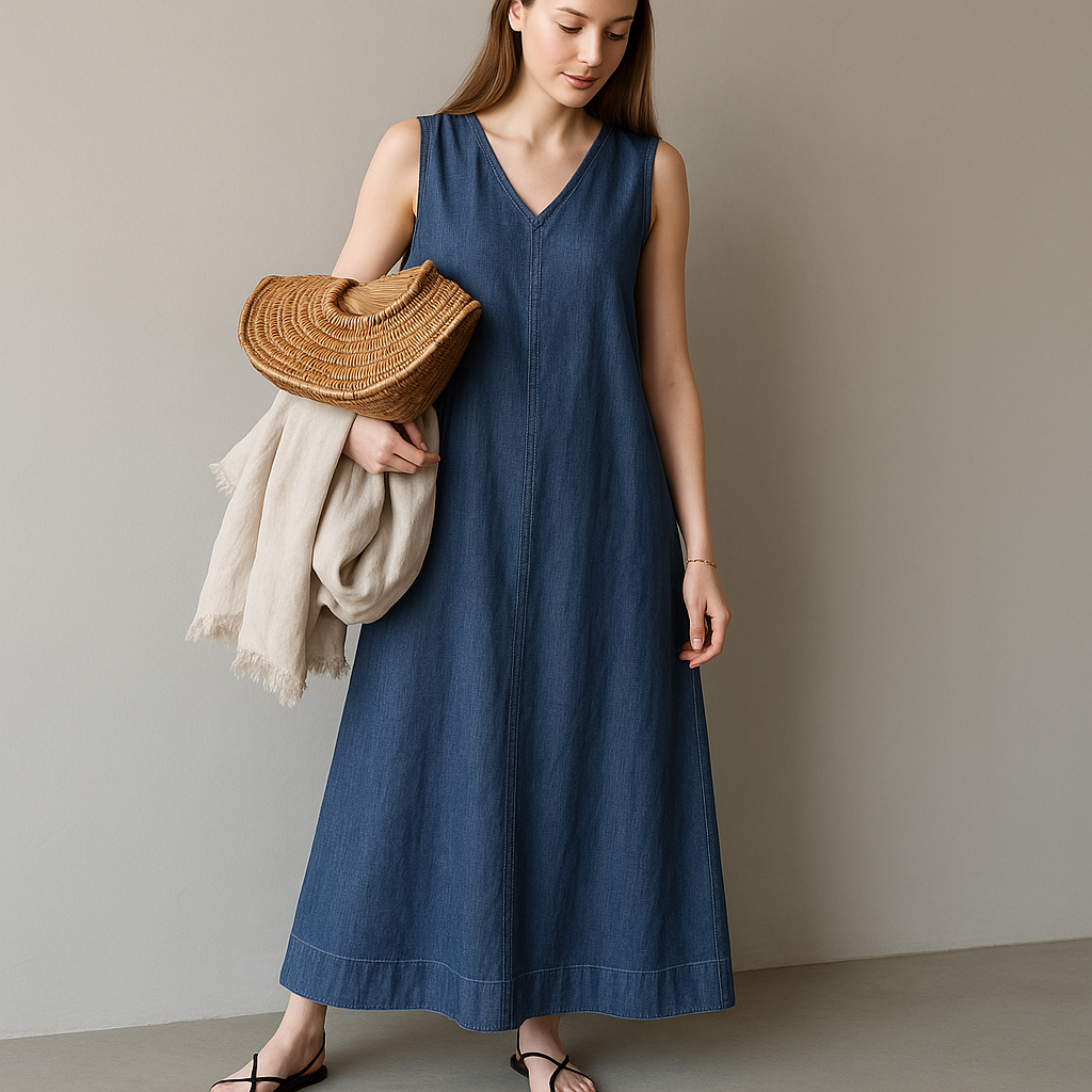 Bohemian V-Neck Sleeveless Denim Maxi Dress