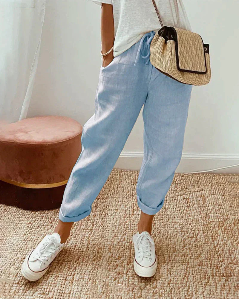 Women's Linen Trousers – Drawstring Waist, Cropped Relaxed Fit Casual Holiday Wear