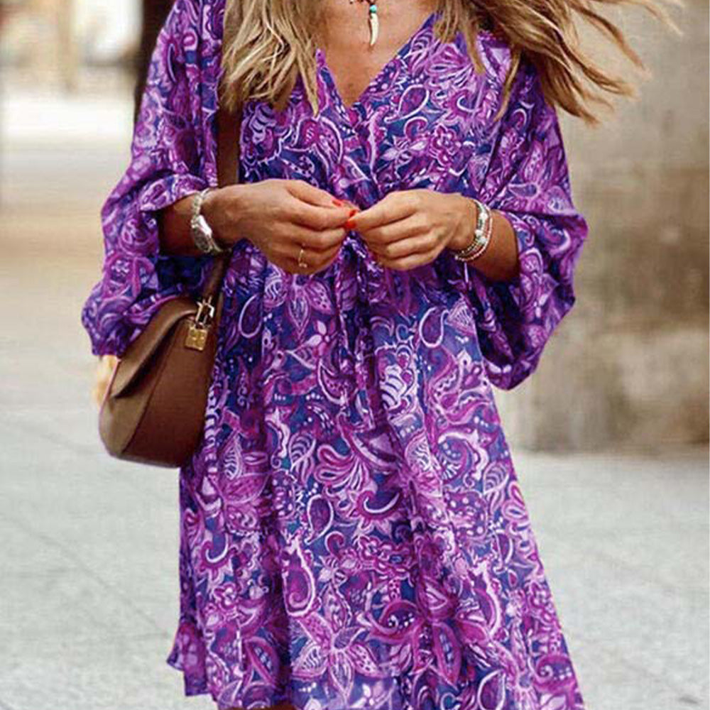 Boho Floral Print Long Sleeve Mini Dress – Casual & Vacation Ready